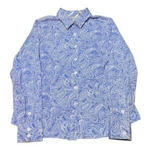 LL Bean Long Sleeve Button Down Paisley Print Blue White Women M